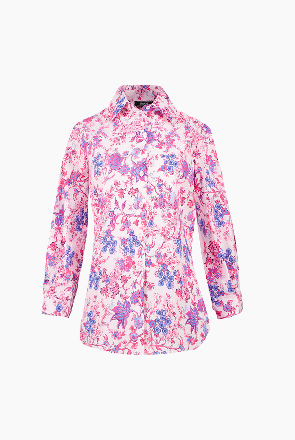 Blusa camisera fucsia con estampado floral y mangas 3/4
