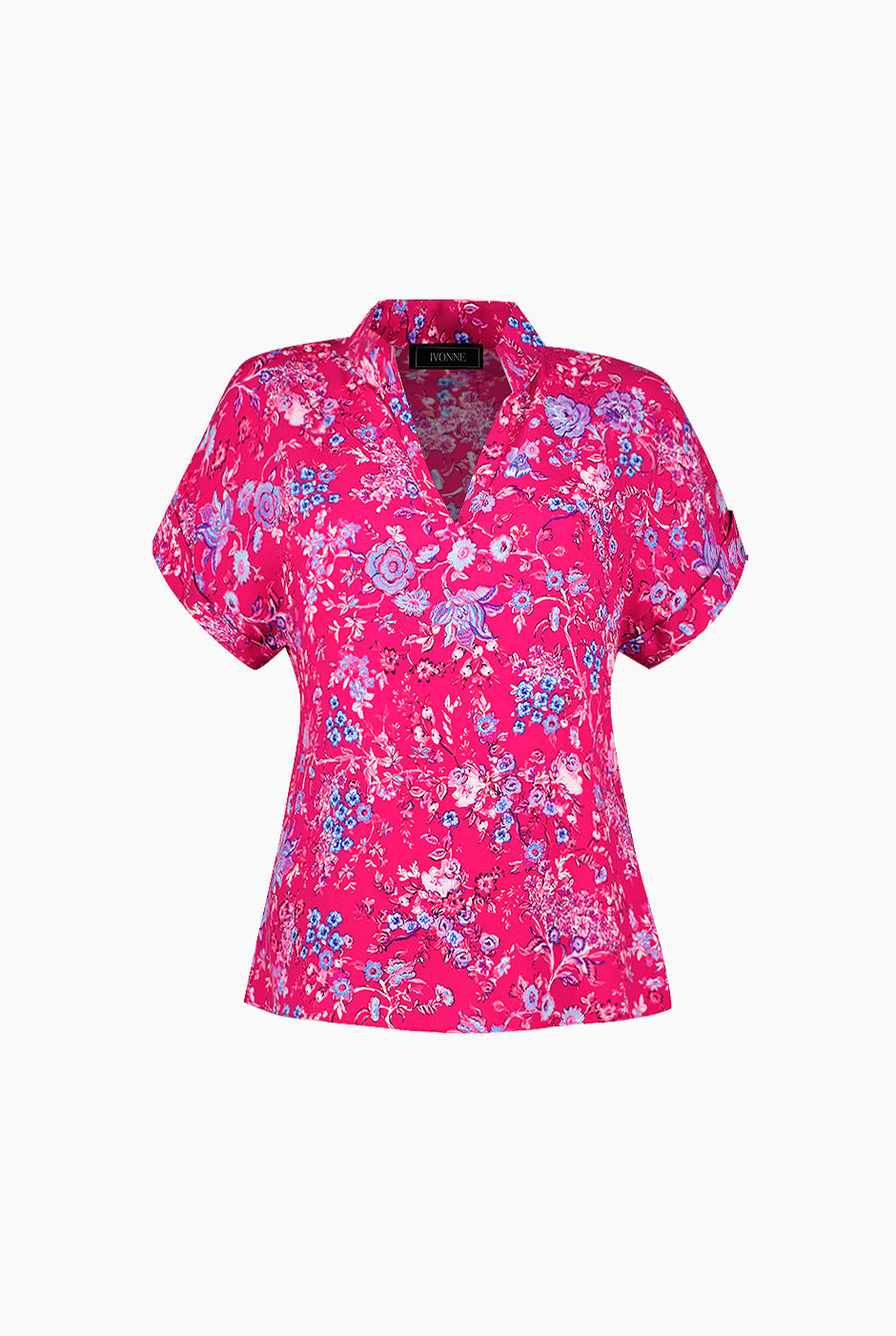 Blusa fucsia con estampado floral y escote en V