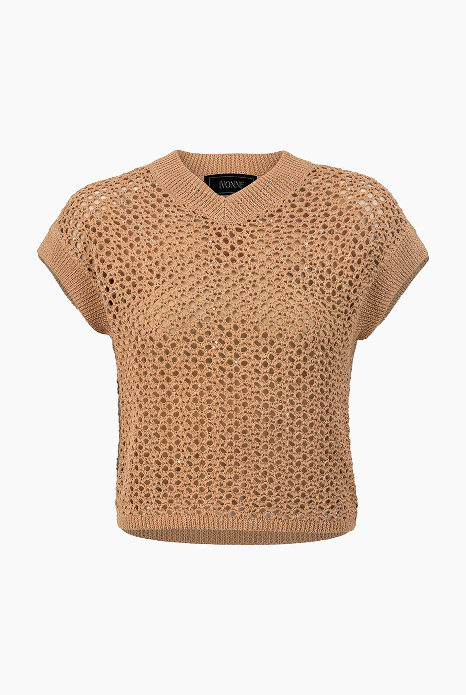 Suéter corto V-Rib calado color camello
